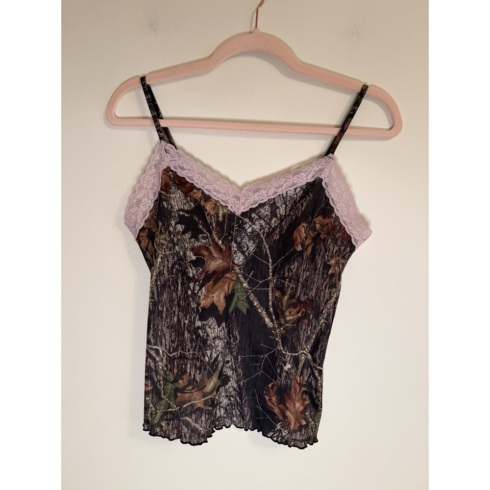 Wilderness Dreams Camo Cami Top Pink Lace Trim Camouflage Lingerie Tank Medium